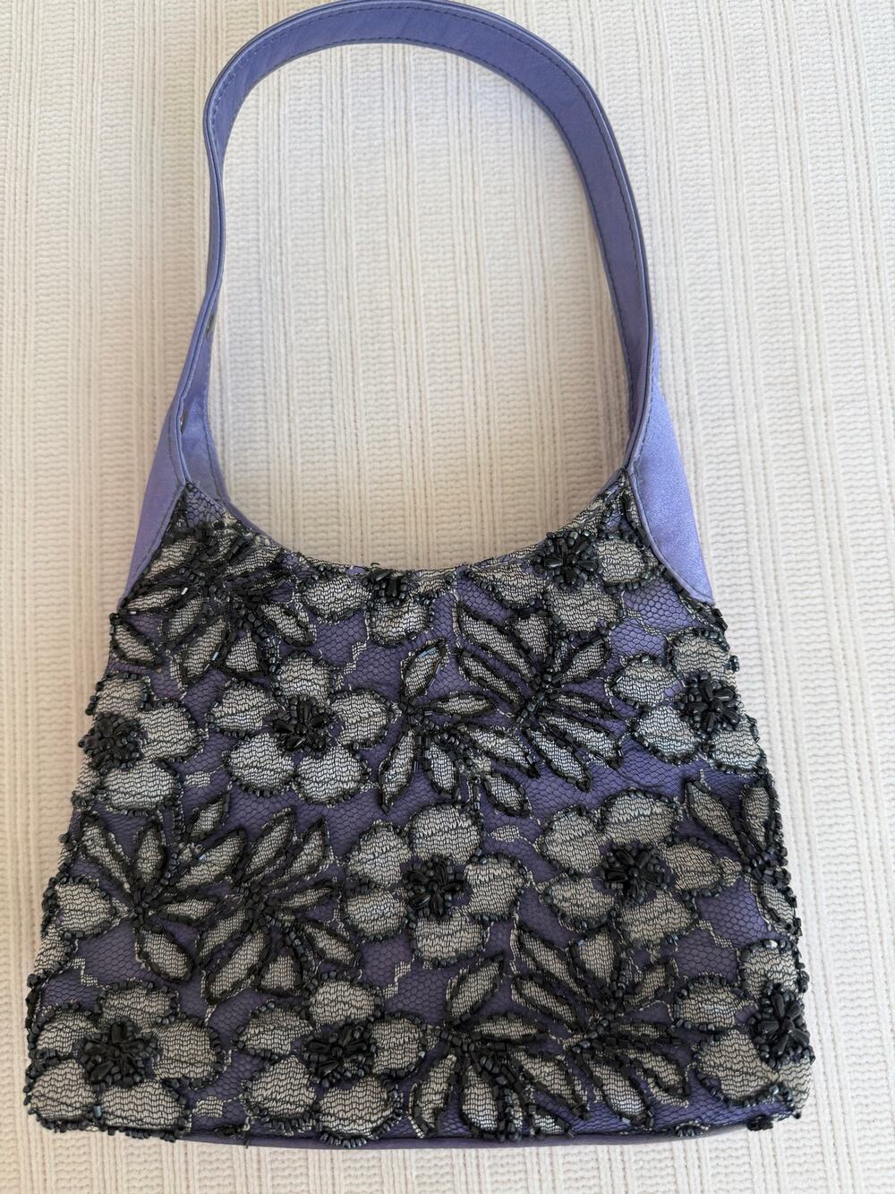 Vintage GUESS Purple Satin Beaded Floral Lace Shoulder Bag